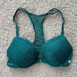 Victoria's Secret Push Up Front Clasp Bra 32C Teal Turquoise Lace Mesh Racerback